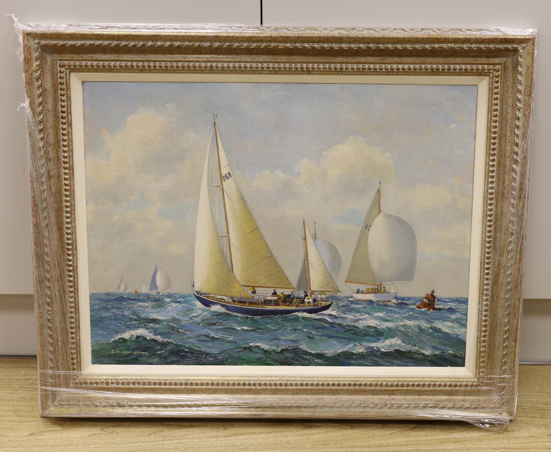 English School, oil on canvas, Racing yachts, indistinctly signed, 45 x 60cm.